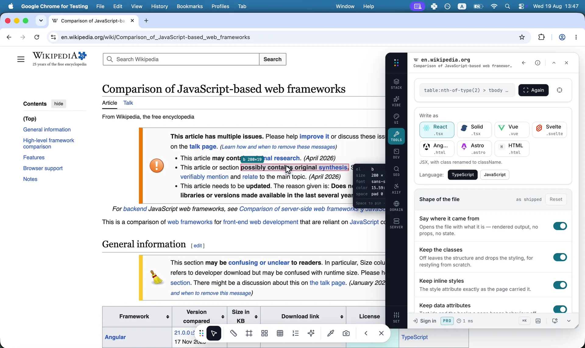 Turns an element on the page into a React component