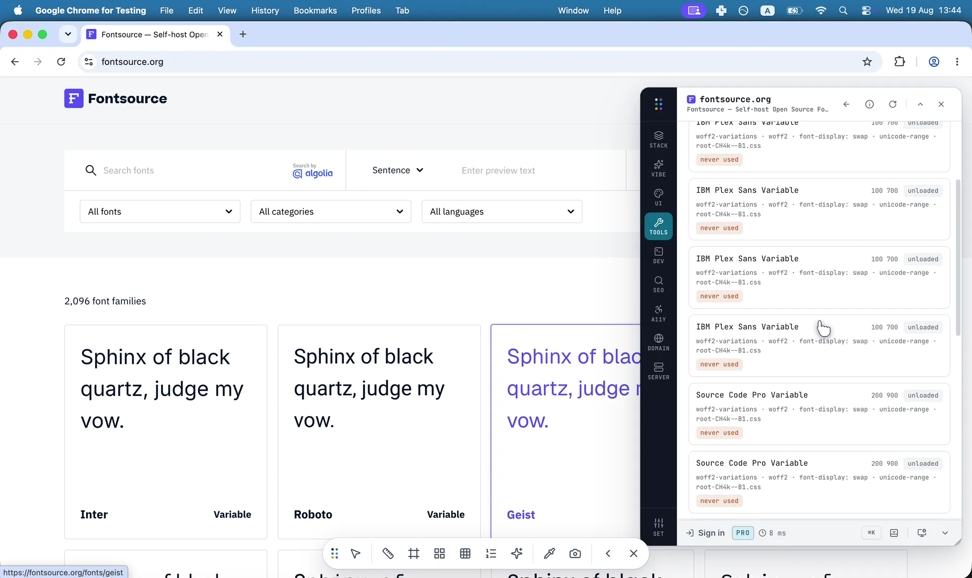 Every @font-face the page declares, and what each one costs