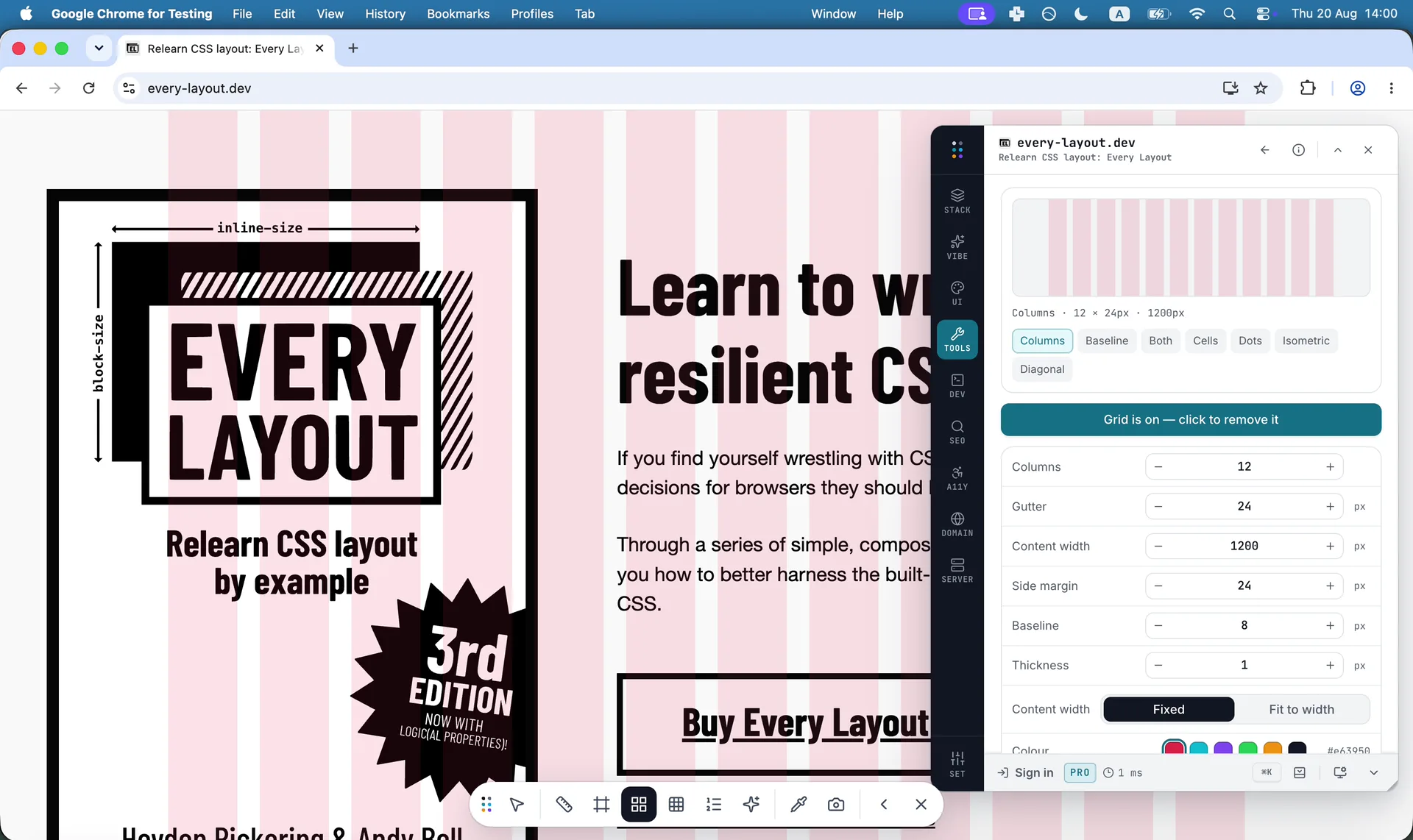 Lays a column grid over the page and leaves it there while you work