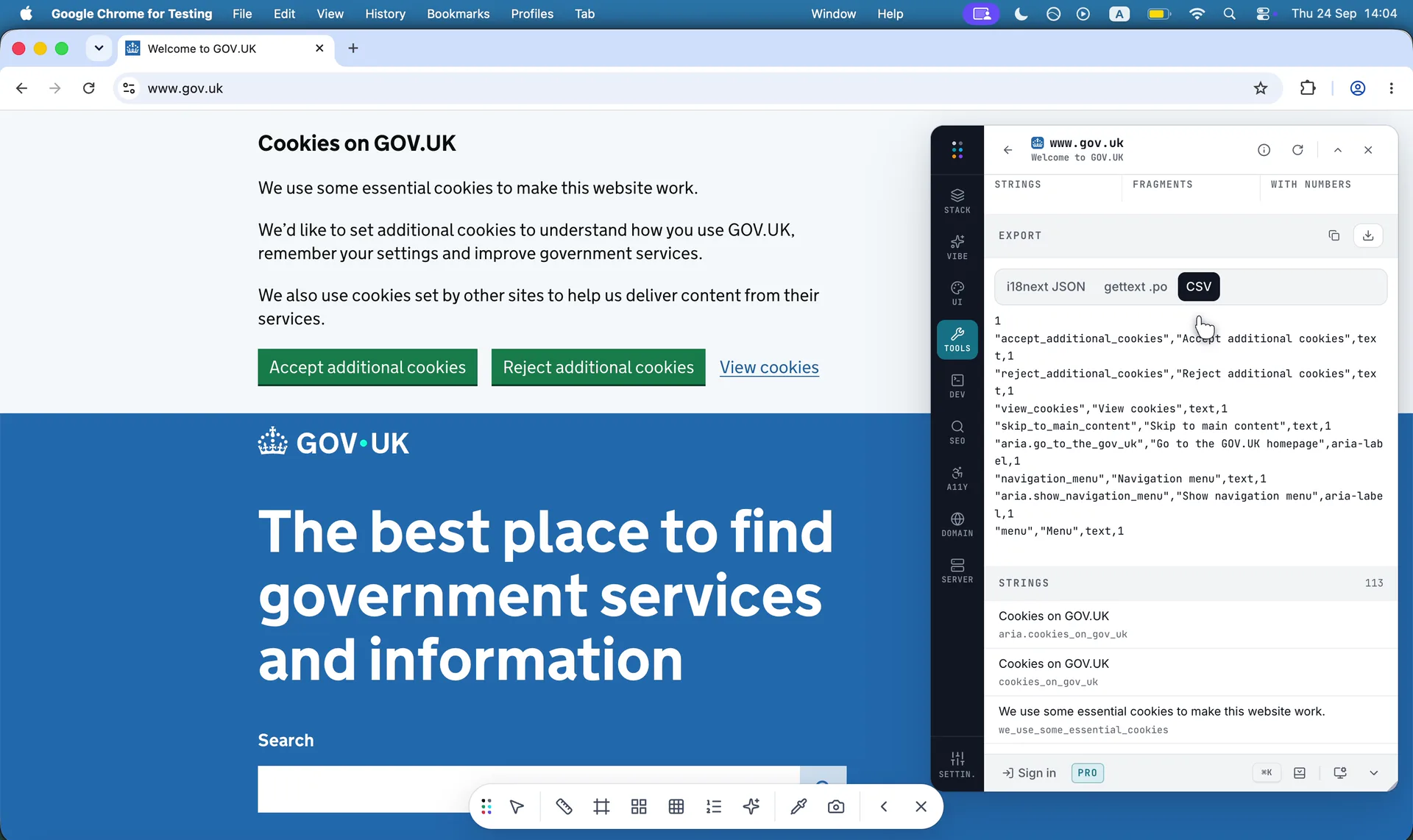 Every visible string on the page as a translation file