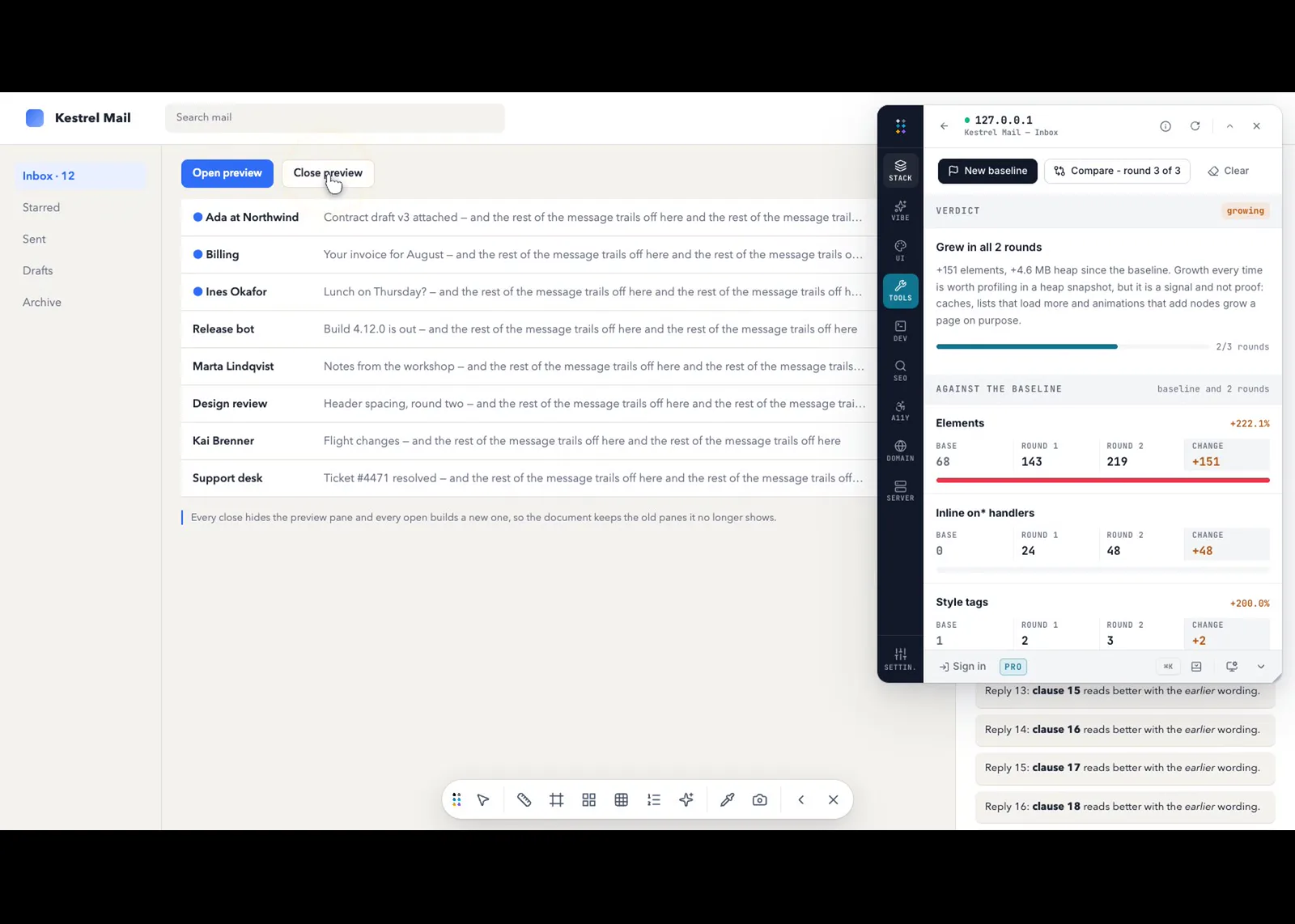 A baseline, the same action three times, and whether the page kept growing
