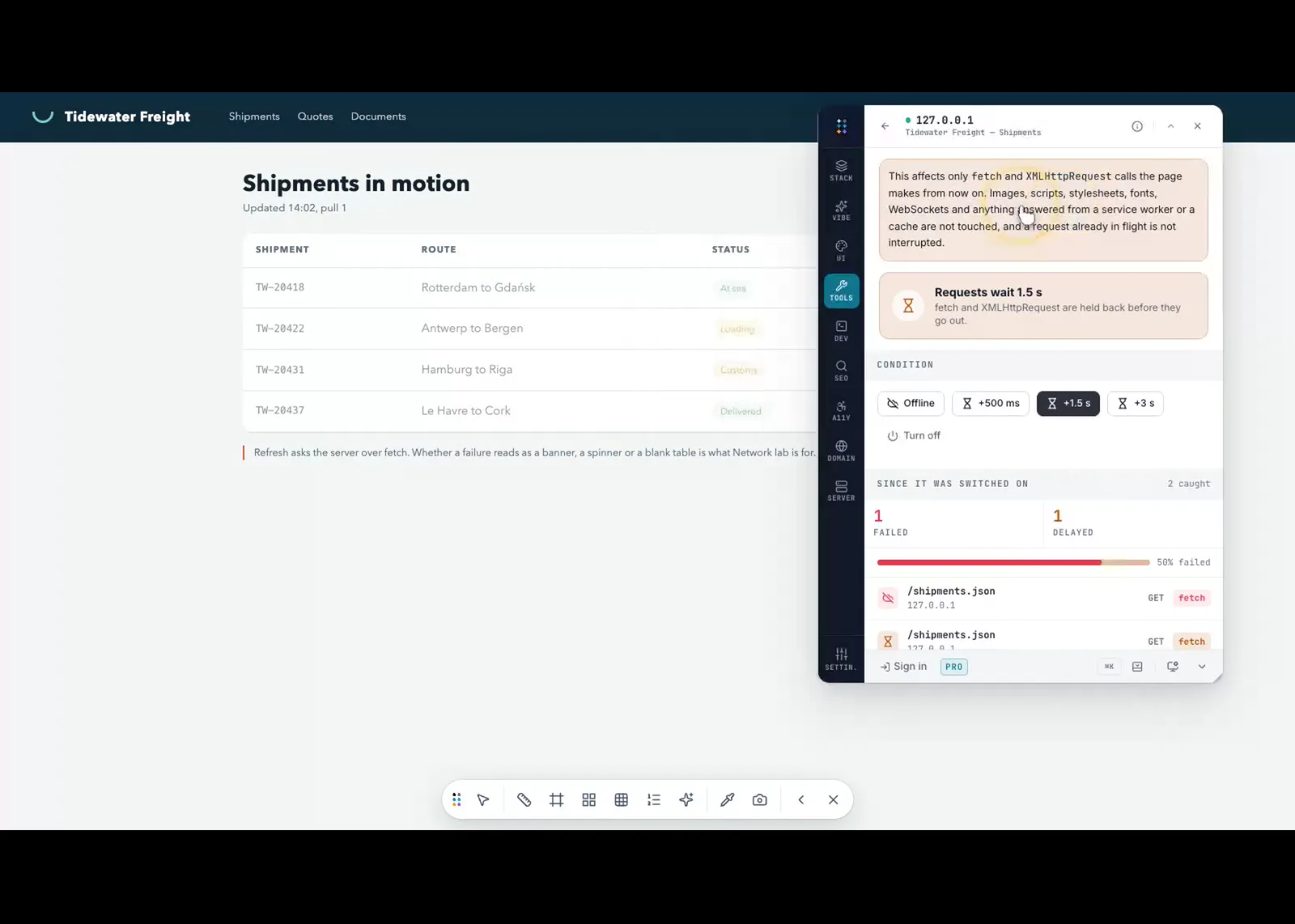 The page’s fetch and XHR made to fail or wait, and how it copes