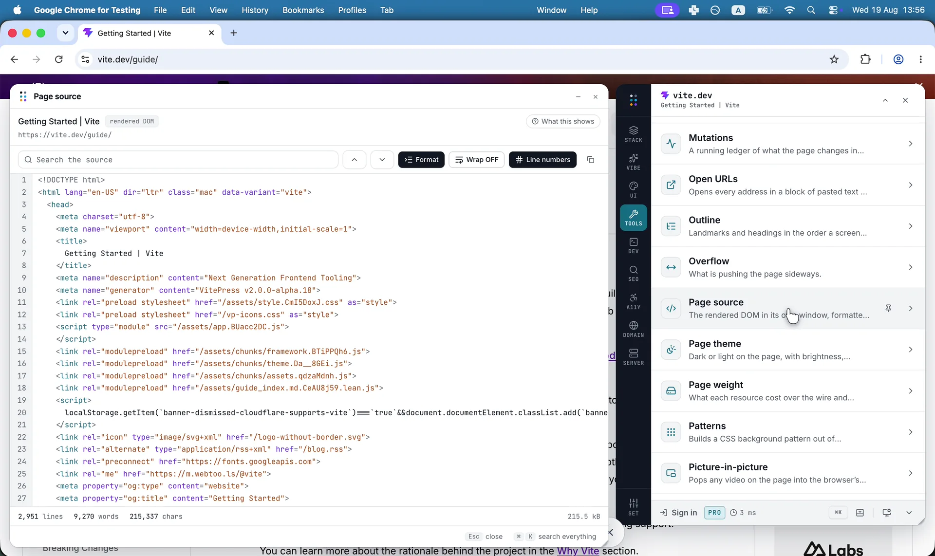 The rendered DOM beside the page, formatted and searchable