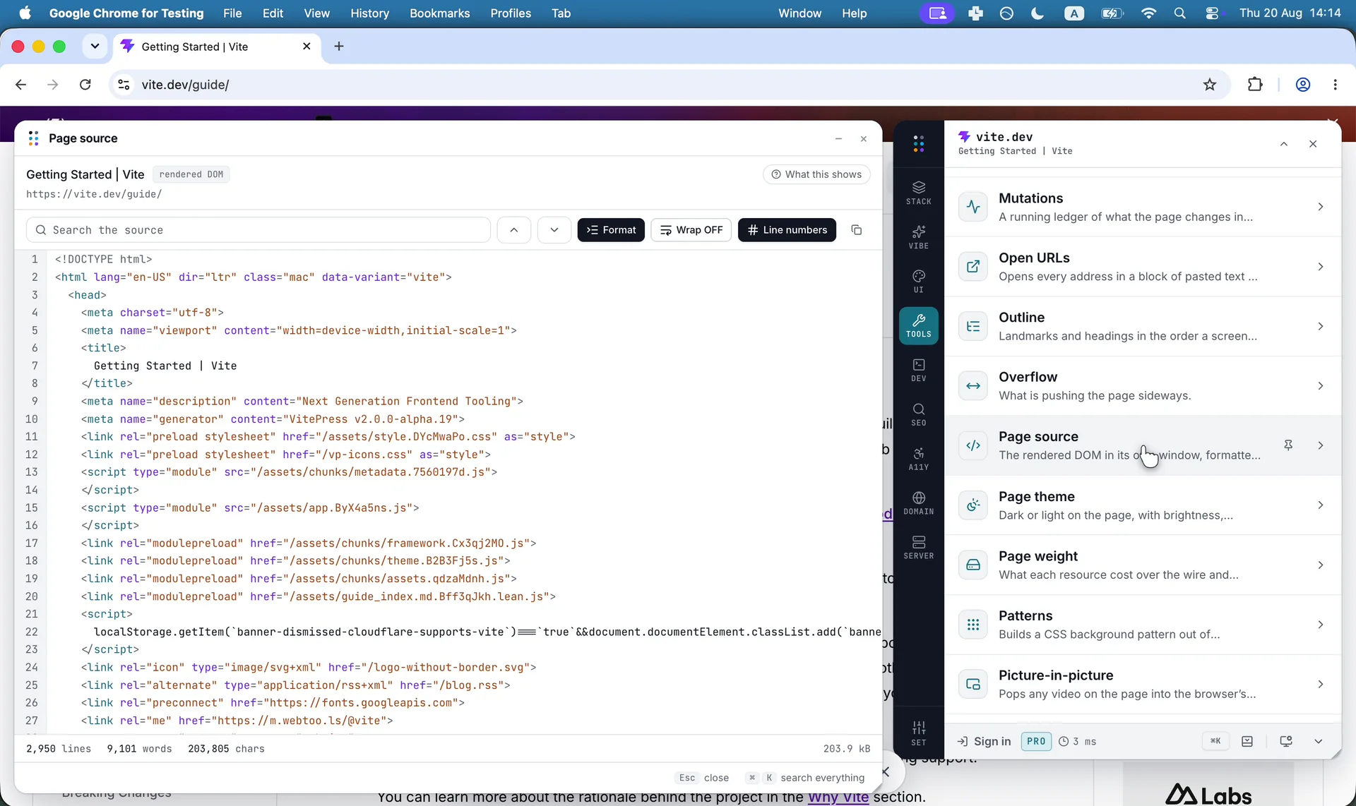 The rendered DOM beside the page, formatted and searchable
