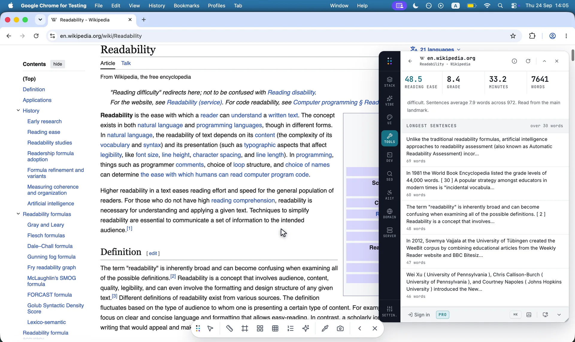 Reading ease, grade, reading time and the longest sentences