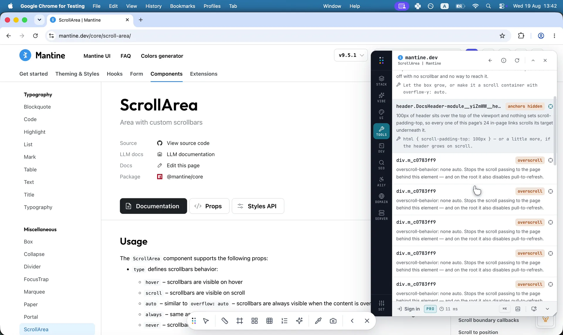 Every sticky, snapping and scrolling container on the page, named