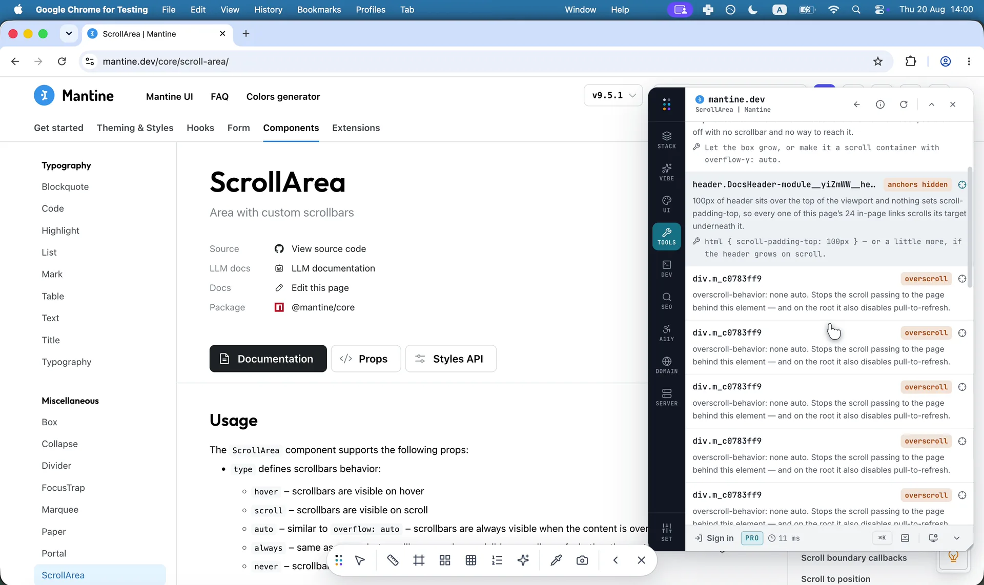 Every sticky, snapping and scrolling container on the page, named