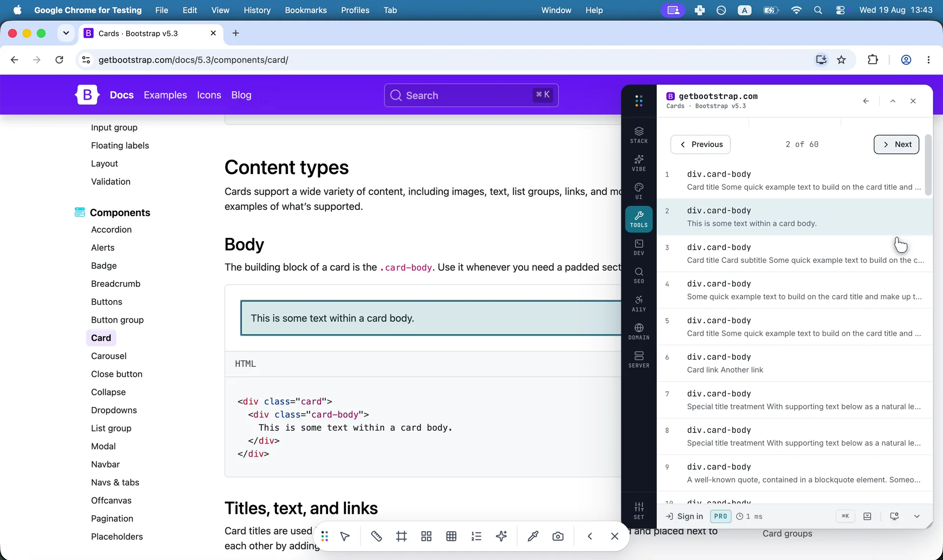 Tests a selector against the page, and walks what it matched
