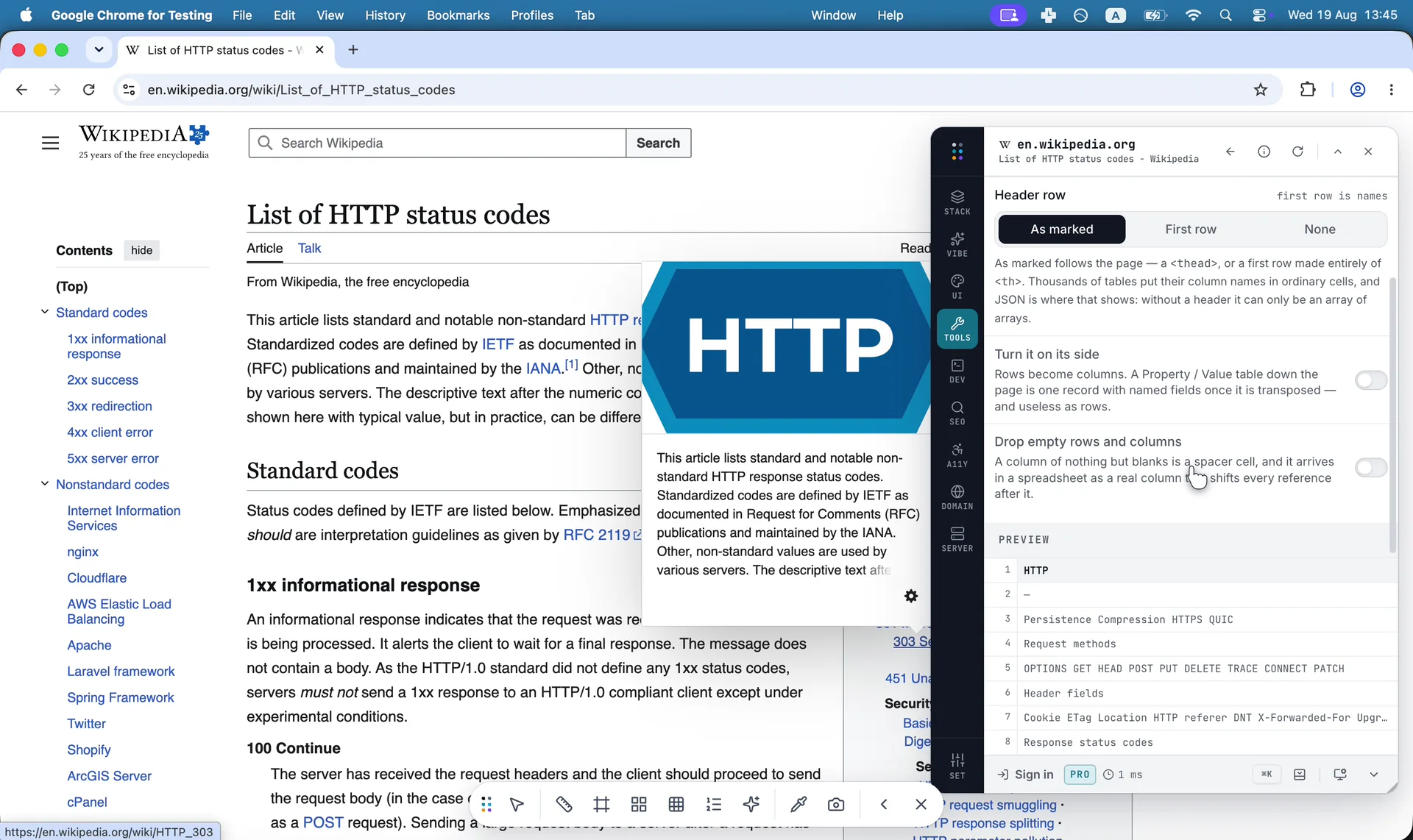 Lifts a table off the page as CSV, with every span expanded
