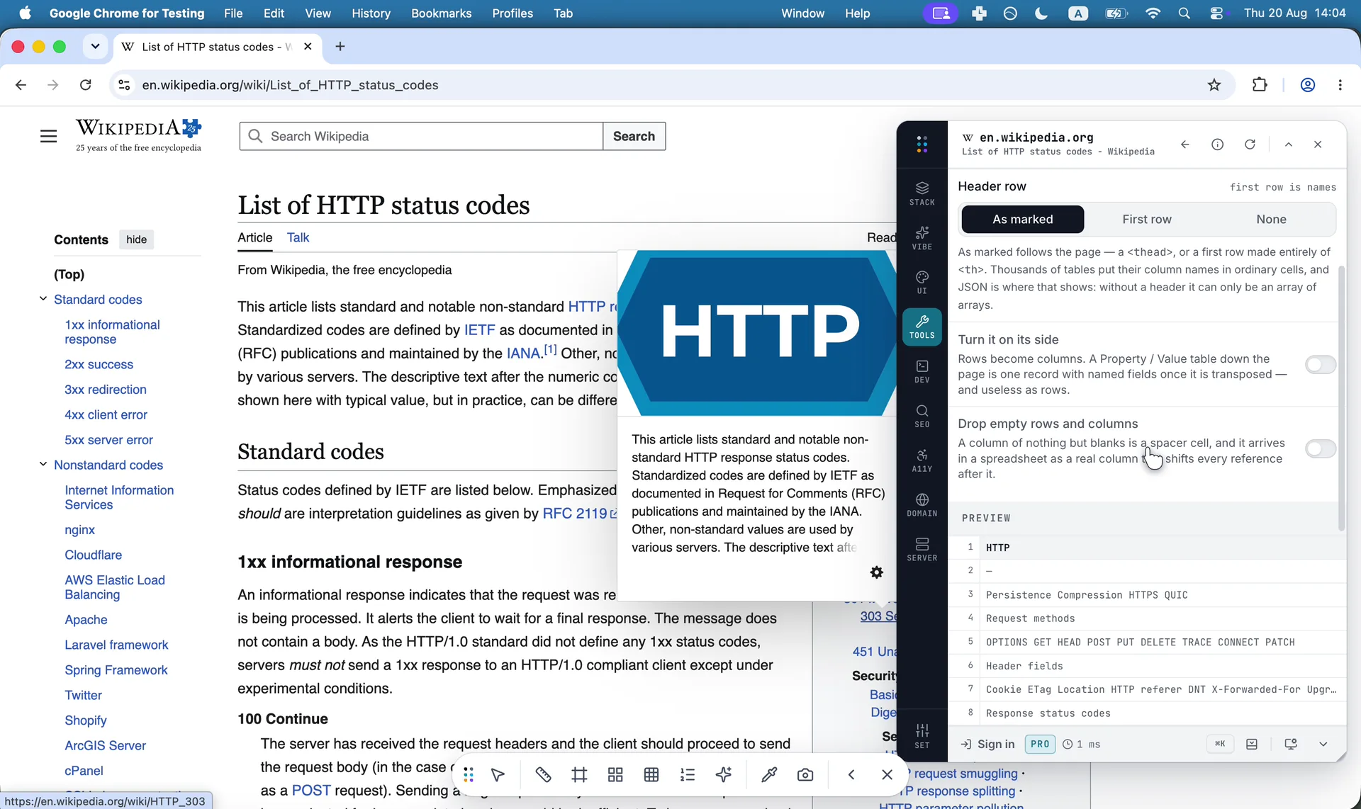 Lifts a table off the page as CSV, with every span expanded